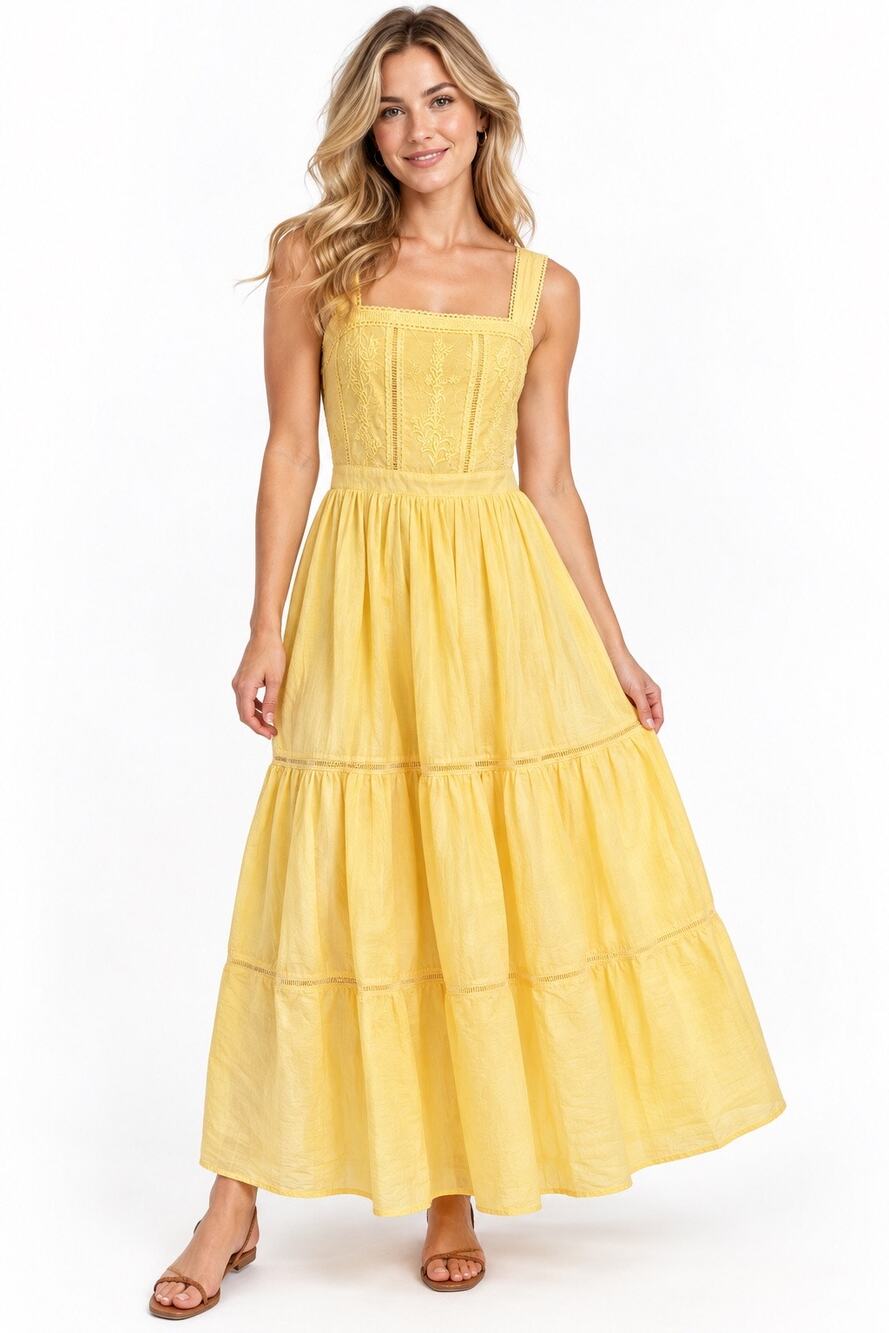 NWT And Now This Yellow Embroidered Cotton Smocked Sleeveless Maxi Dress